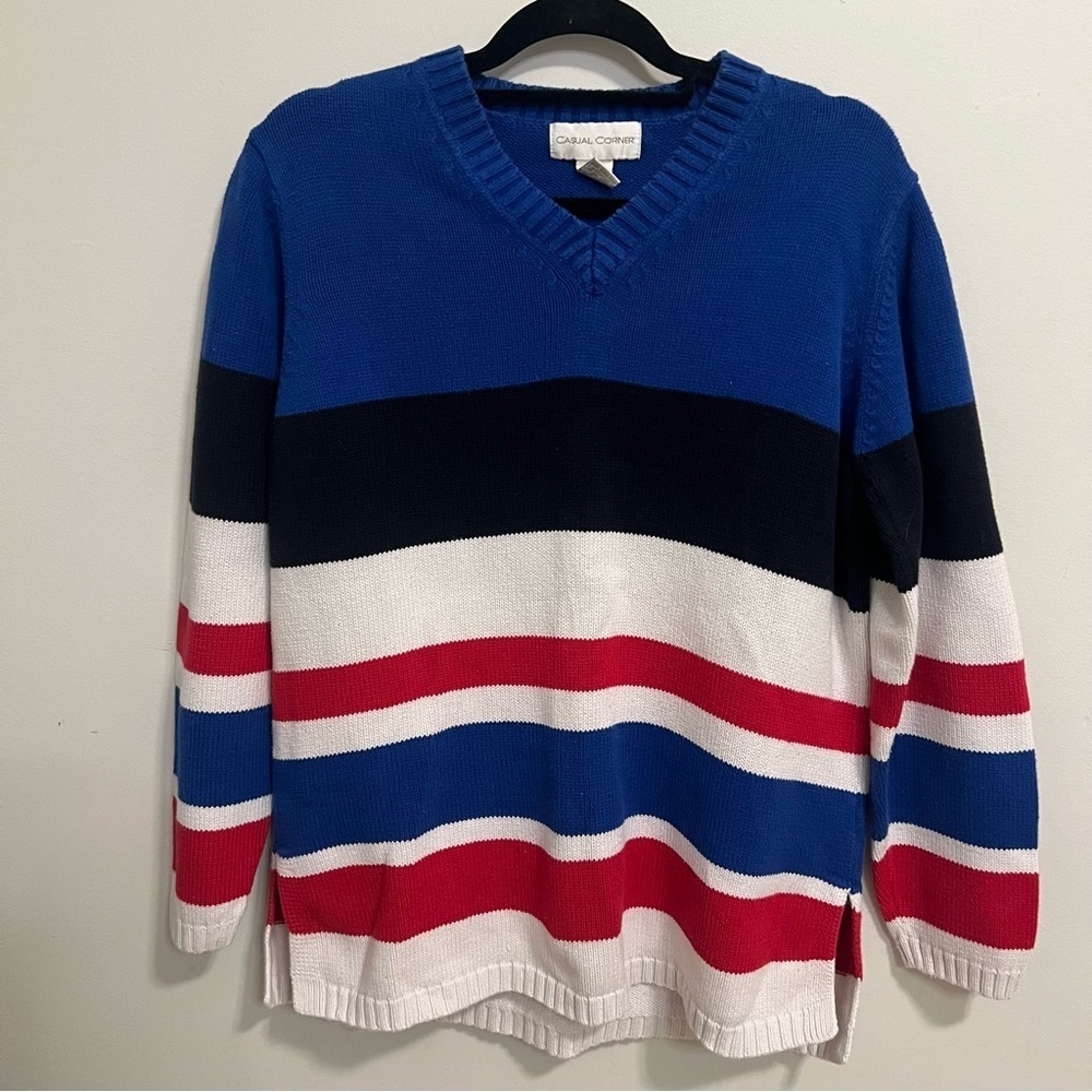 Casual Corner Women’s V-Neck Sweater 100% Cotton Classic Striped 4th of July - Picture 1 of 5